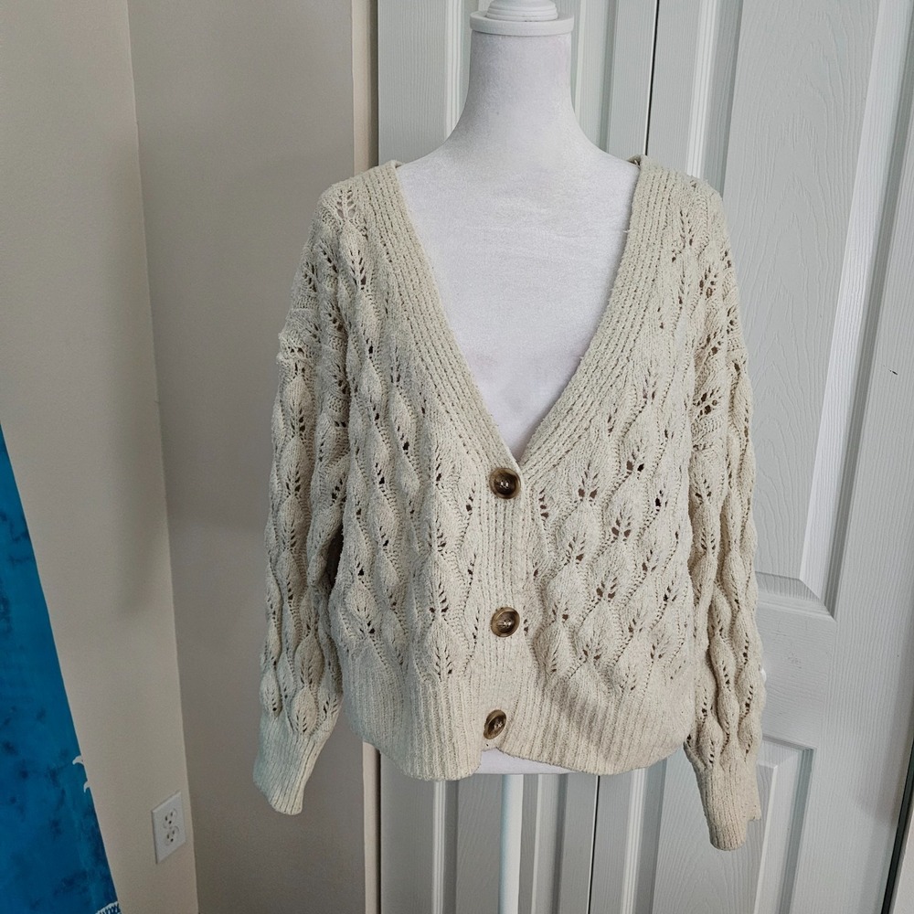 And Now This Cream Pointelle Cardigan XS Soft Girl Coquette Cottagecore Sweater
